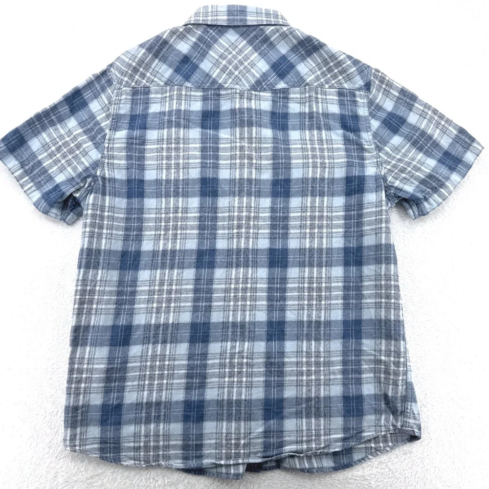 Desert Son Flag & Anthem Mens Western Shirt L Blue Plaid Pearl Snap Short Sleeve